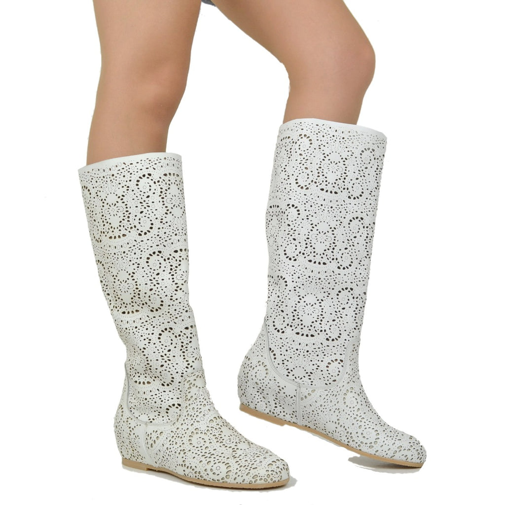 Lace-Style Perforated Boots with White Leather Inner Wedge - 4