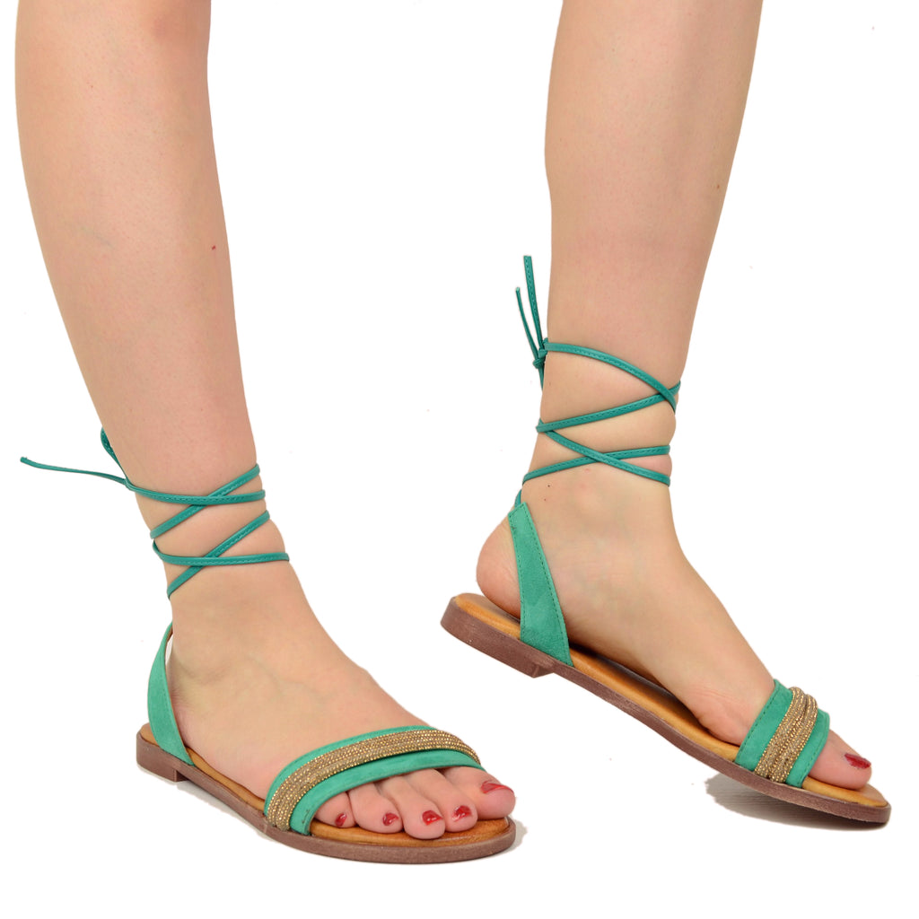 Slave Sandals in Green Suede with Rhinestones - 3