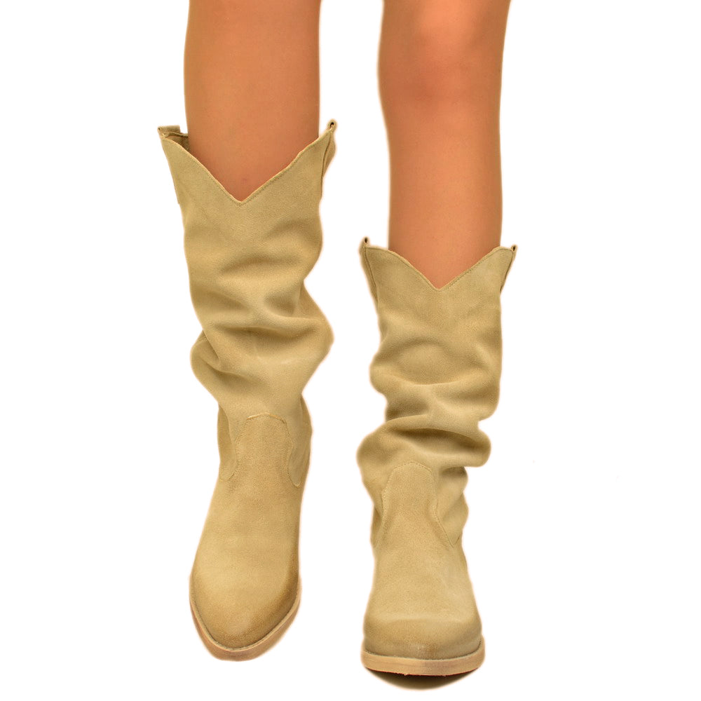 Stivali Donna Texani in Camoscio Beige Made in Italy - 3