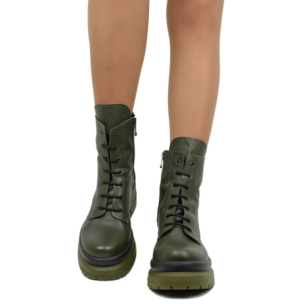 Stivaletti Donna Anfibi Biker Verdi in Pelle Made in Italy - 3
