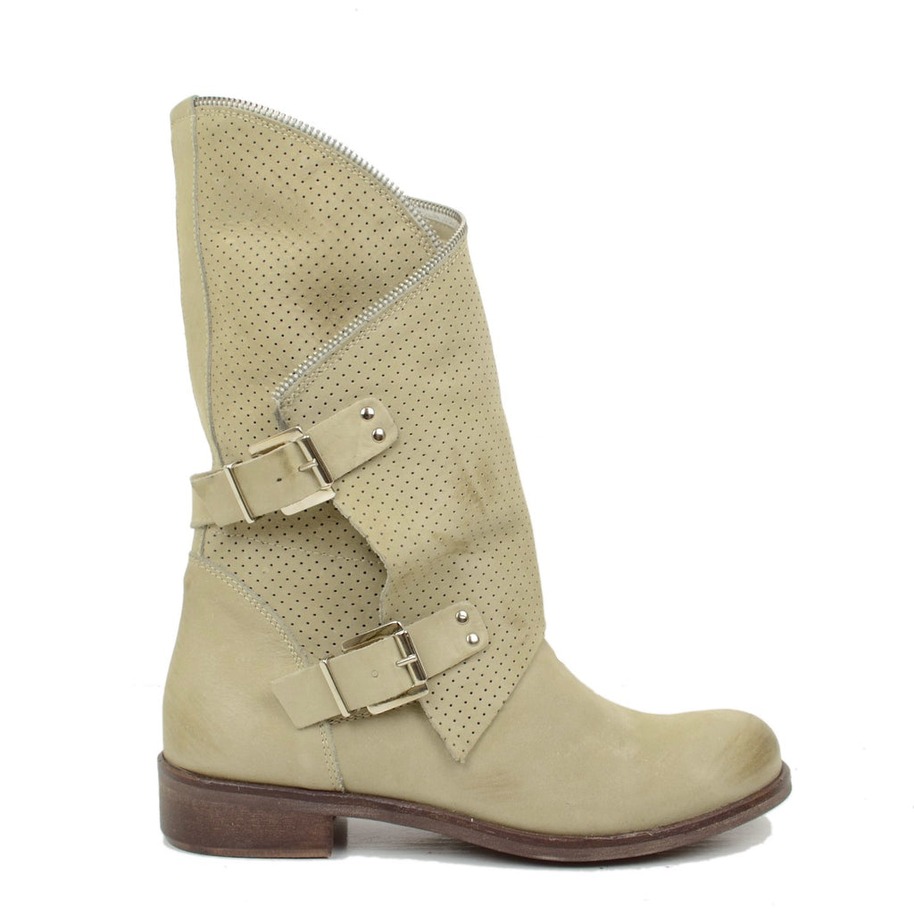 Perforierte Bikerstiefel für Damen in Taupe mit Schnallen aus Nubukleder - 2