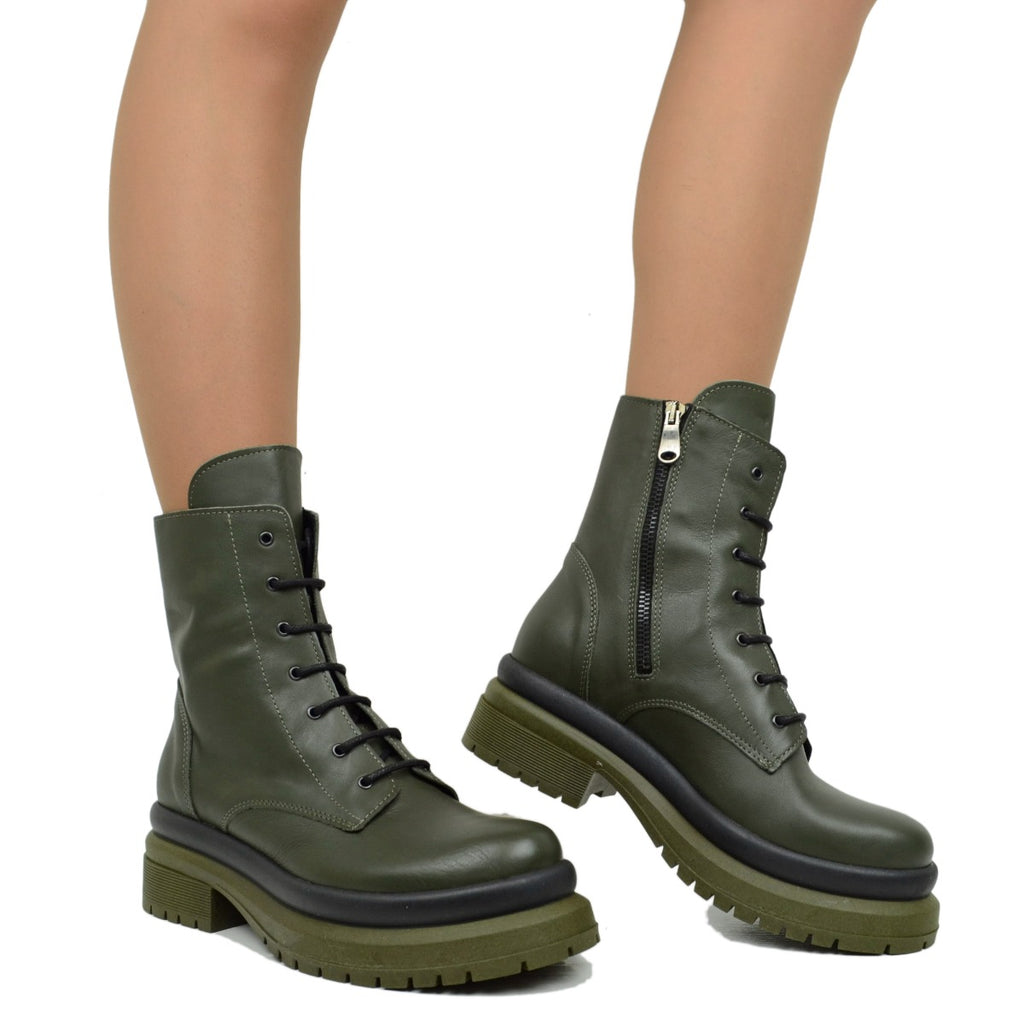 Stivaletti Donna Anfibi Biker Verdi in Pelle Made in Italy - 4