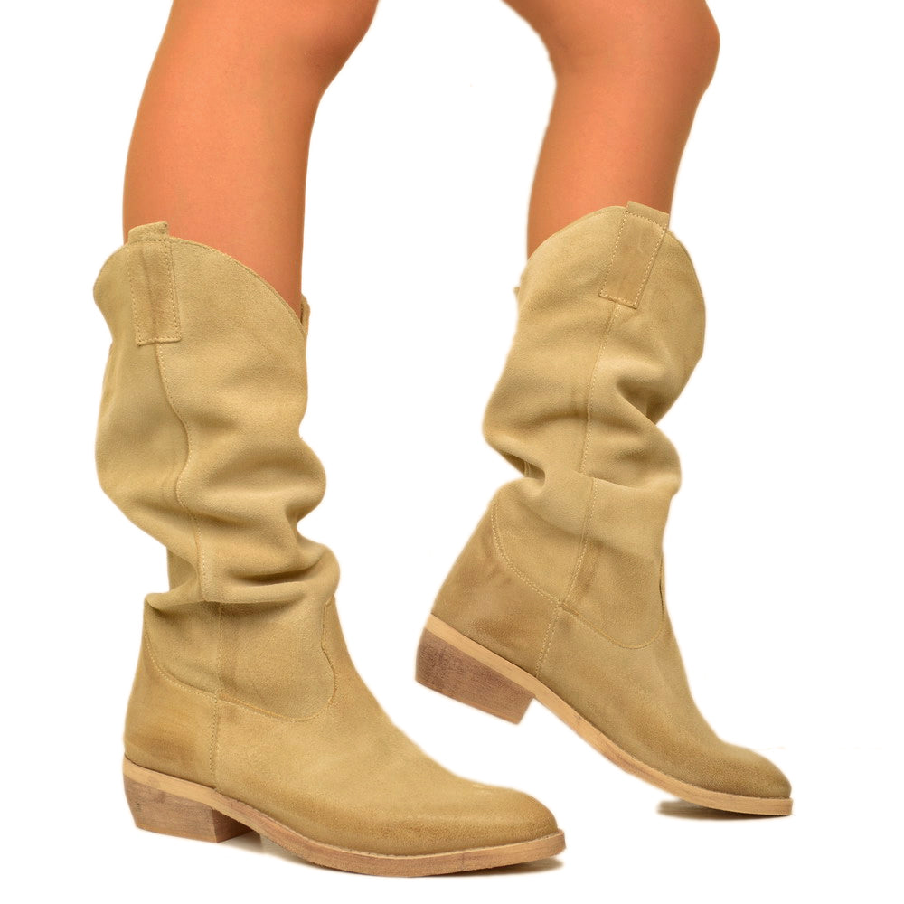 Stivali Donna Texani in Camoscio Beige Made in Italy - 5
