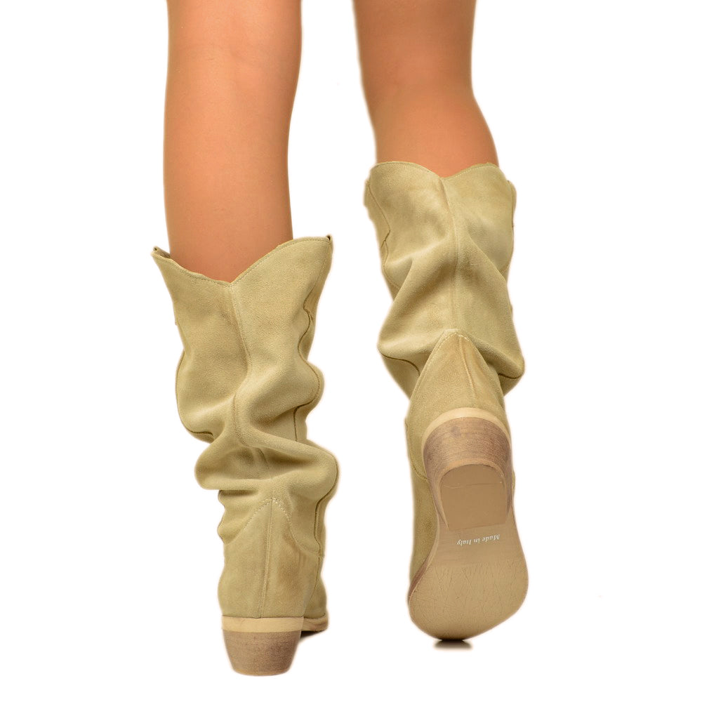 Stivali Donna Texani in Camoscio Beige Made in Italy - 4