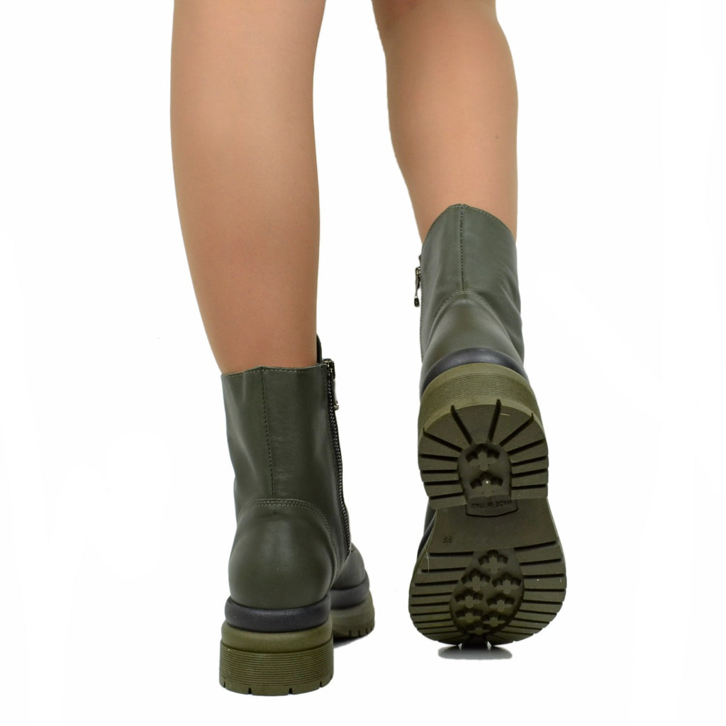 Stivaletti Donna Anfibi Biker Verdi in Pelle Made in Italy - 5