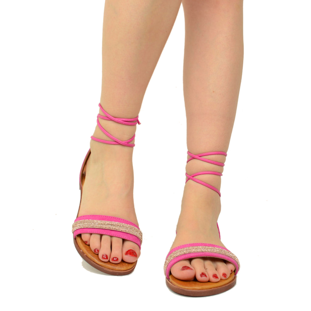 Fuchsia Suede Leather Slave Sandals with Rhinestones - 4