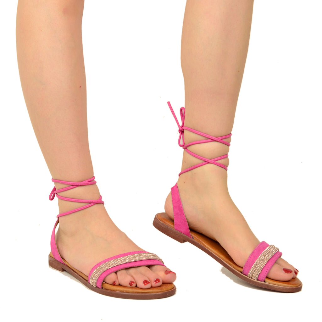 Fuchsia Suede Leather Slave Sandals with Rhinestones - 3