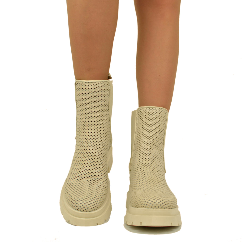 Beatles Women's Ankle Boots Perforated Beige Made in Italy - 3