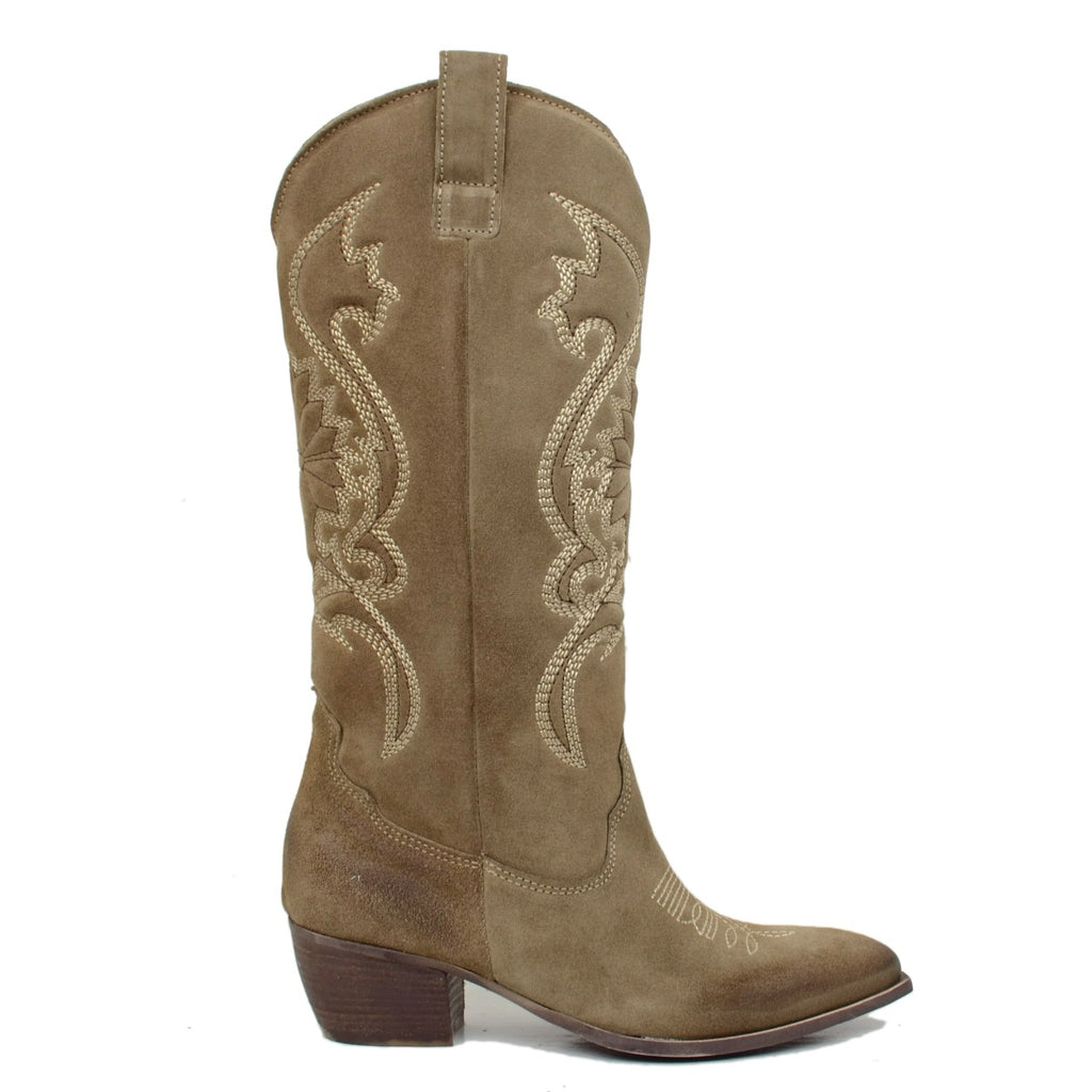 Women's Taupe Texan Boots in Suede Leather Made in Italy - 2