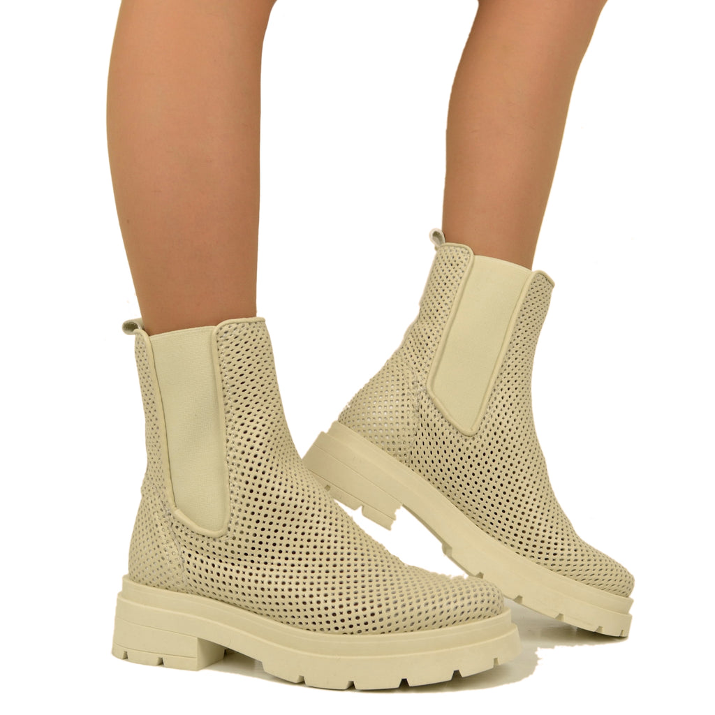 Beatles Women's Ankle Boots Perforated Beige Made in Italy - 5