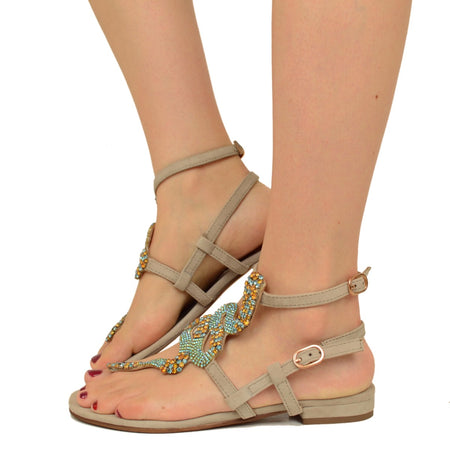 Sandali Infradito a Serpente con Strass Beige