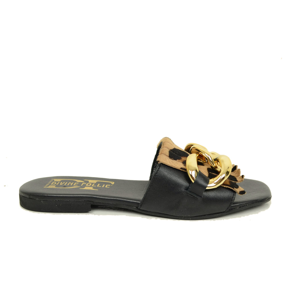 Ciabatte Donna Nere con Catena e Frange Leopardate Made in Italy - 2
