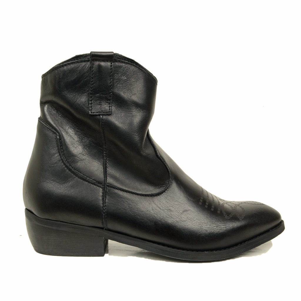Women's Black Leather Texan Ankle Boots Made in Italy - 2