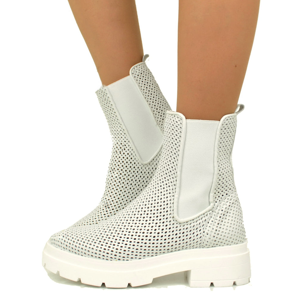 White Perforated Beatles Women's Ankle Boots Made in Italy