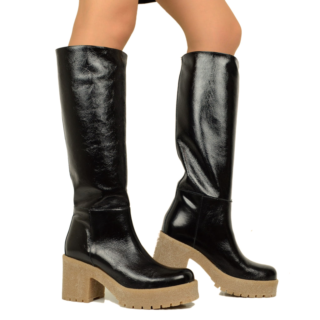 Stivali Donna in Pelle Naplak Neri Fondo Para Made in Italy - 5