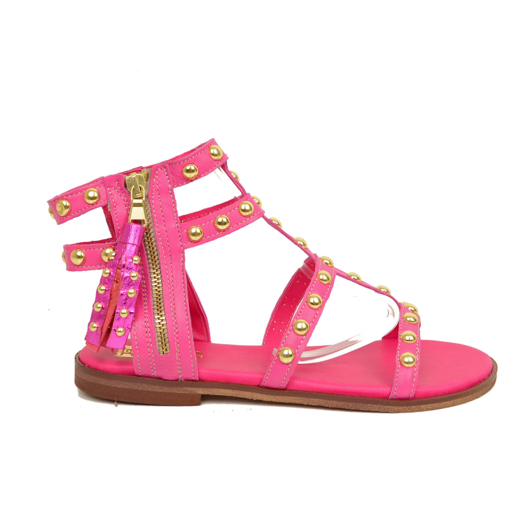 Women's Summer Studded Sandals in Fuchsia Leather Made in Italy - 2