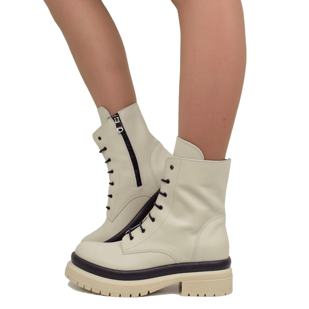 Women's Ankle Boots Biker White Leather Made in Italy