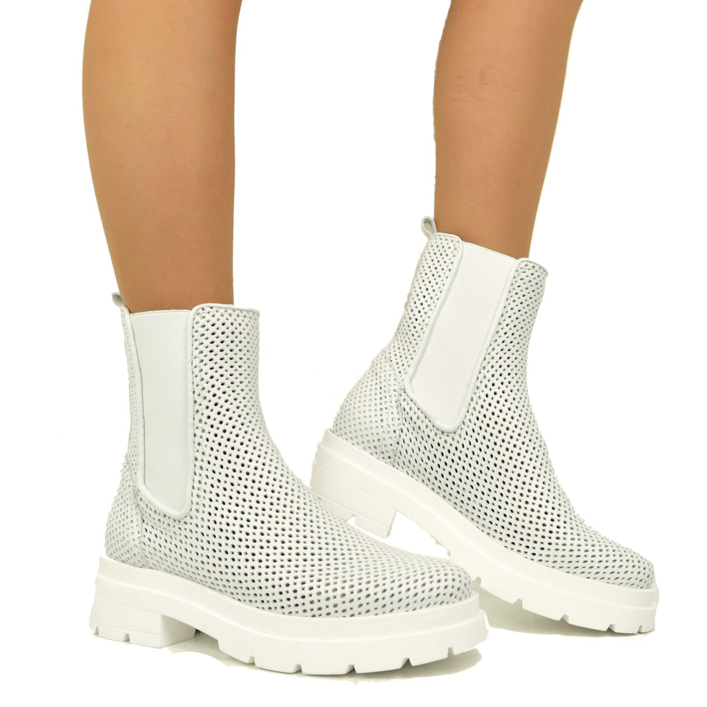 White Perforated Beatles Women's Ankle Boots Made in Italy - 3