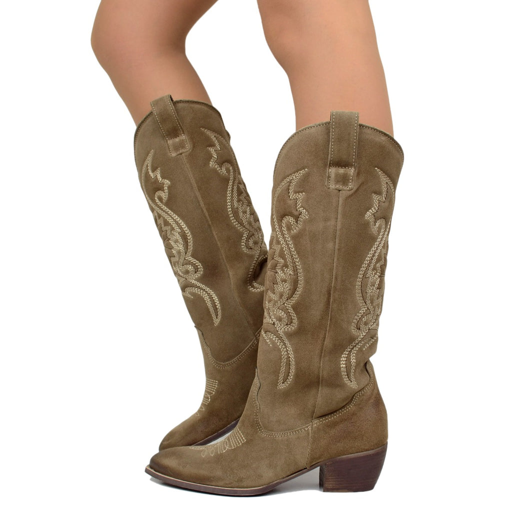 Women's Taupe Texan Boots in Suede Leather Made in Italy