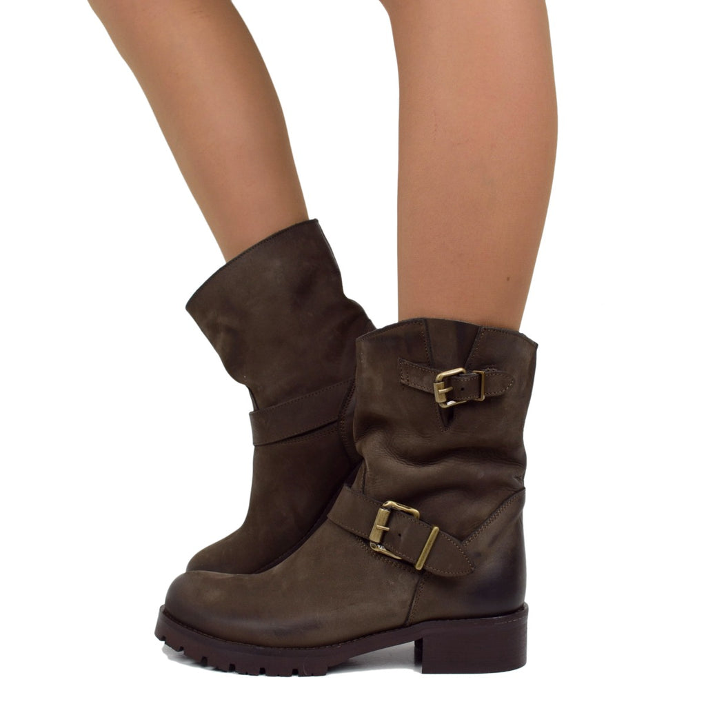 Women's Police Brown Leather Biker Boots Made in Italy