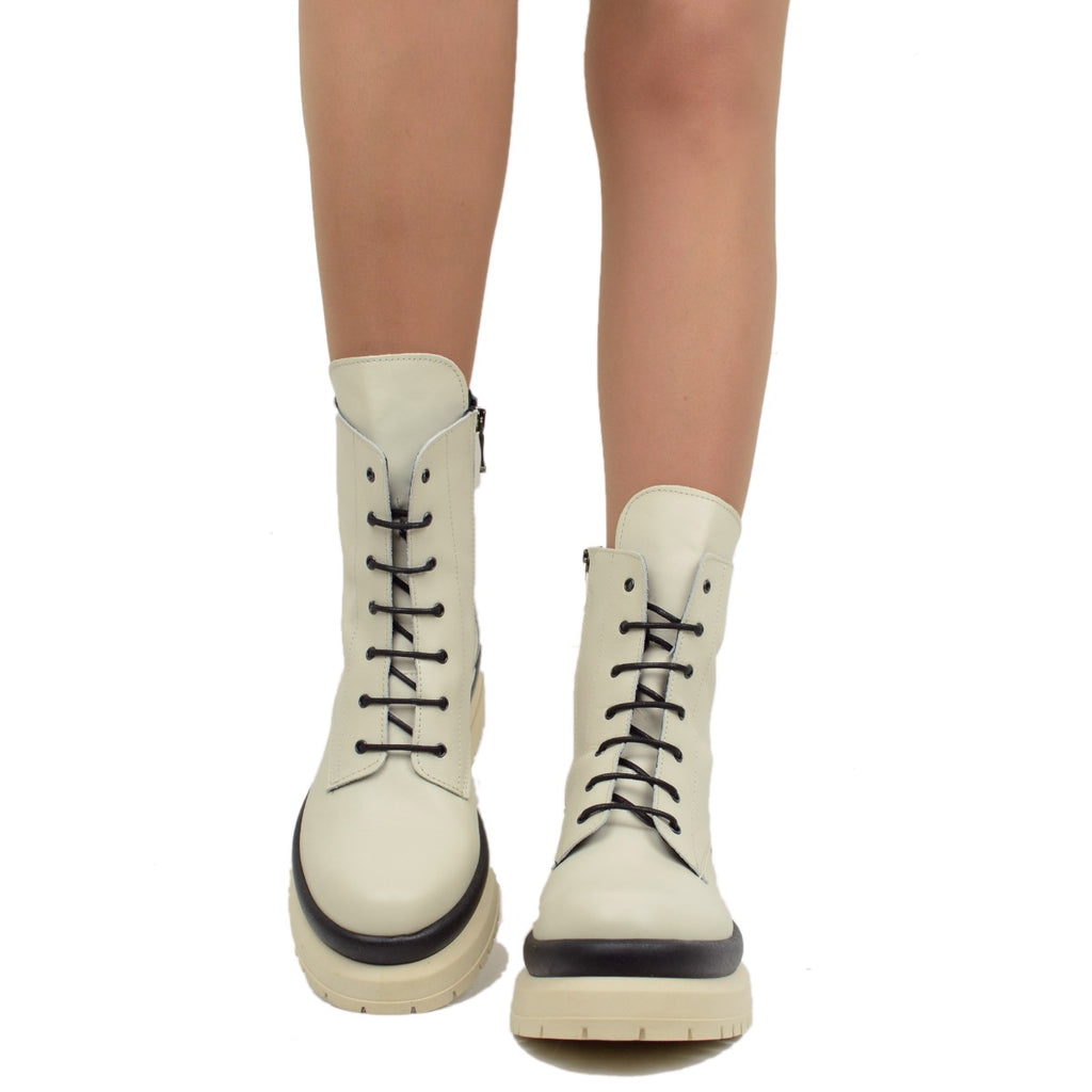 Women's Ankle Boots Biker White Leather Made in Italy - 3