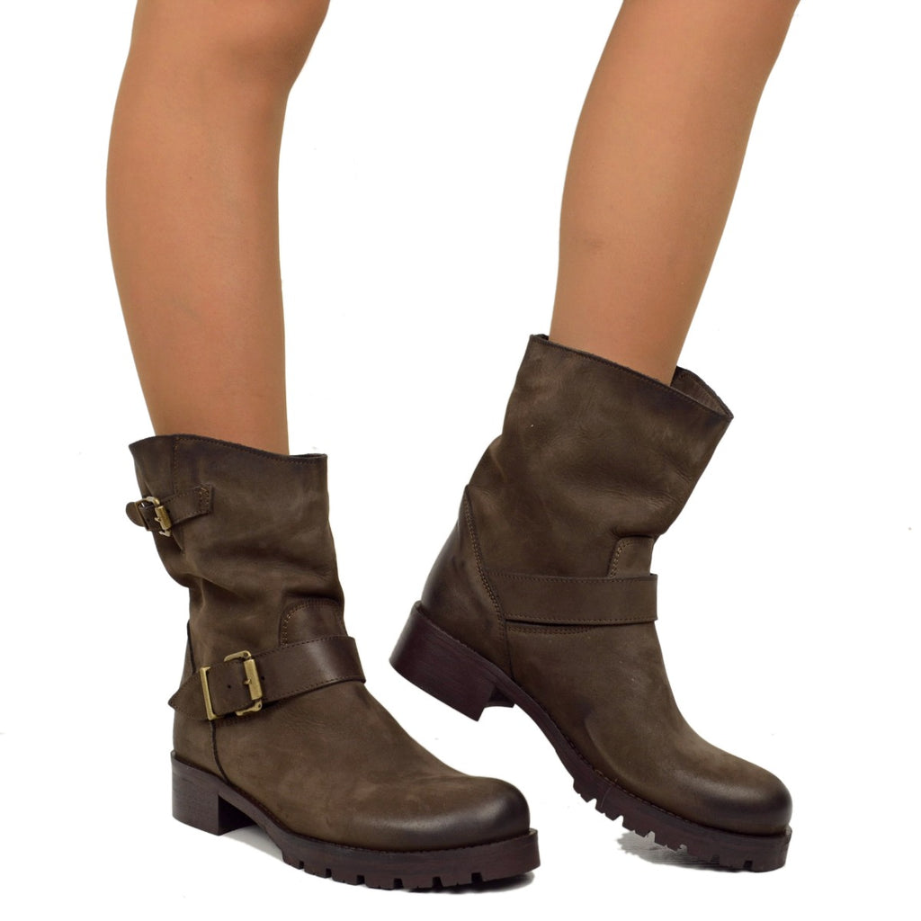 Women's Police Brown Leather Biker Boots Made in Italy - 4