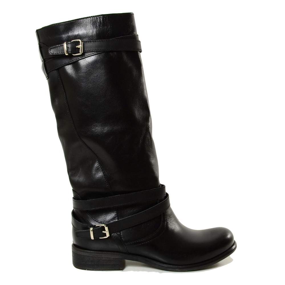 Camperos High Women's Boots with Buckles in Smooth Black Leather - 4