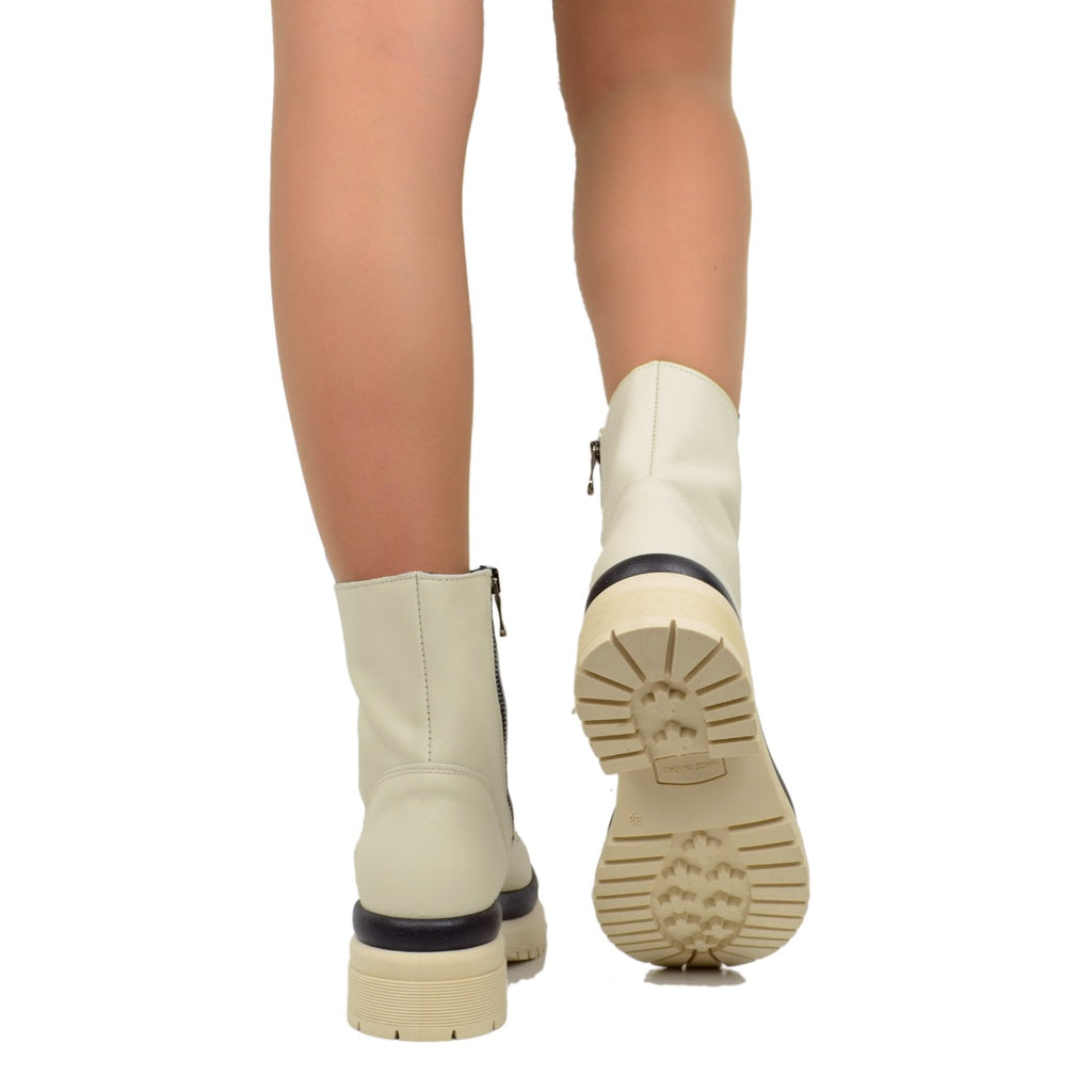 Women's Ankle Boots Biker White Leather Made in Italy - 5
