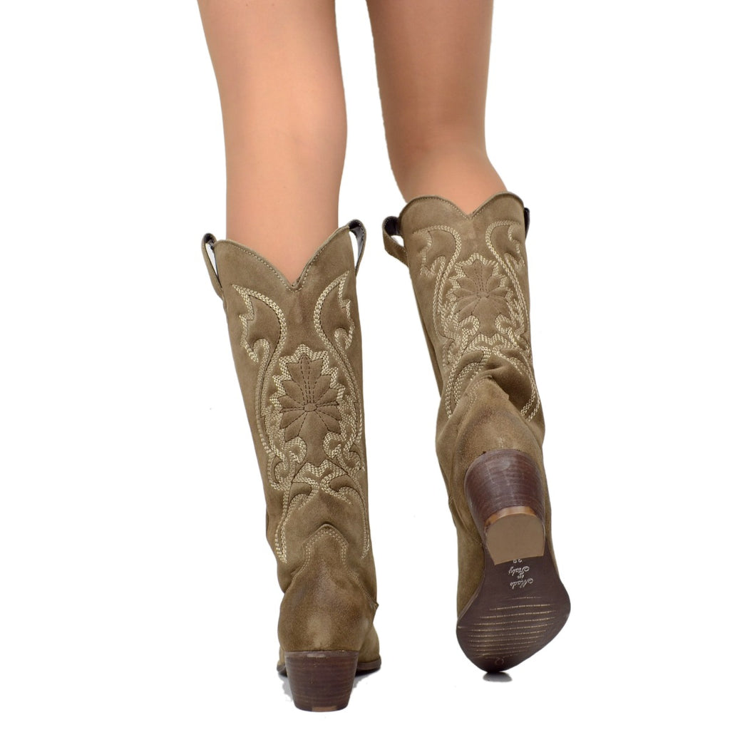 Women's Taupe Texan Boots in Suede Leather Made in Italy - 5