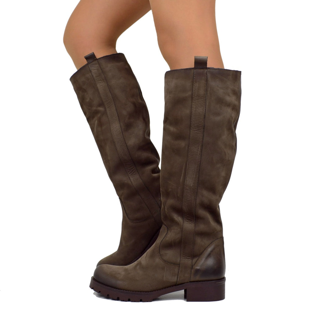 Women's Boots in Brown Nubuck Leather Rubber Sole Made in Italy