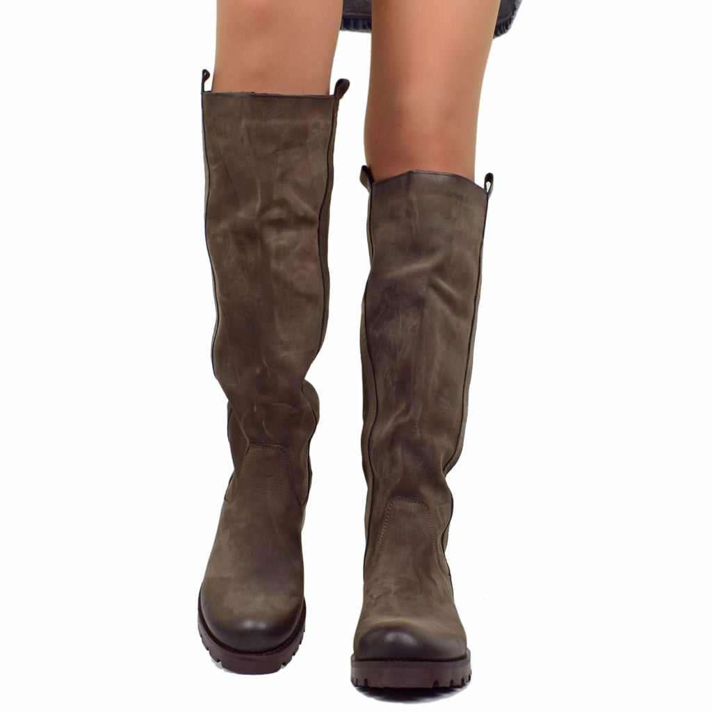 Women's Boots in Brown Nubuck Leather Rubber Sole Made in Italy - 2