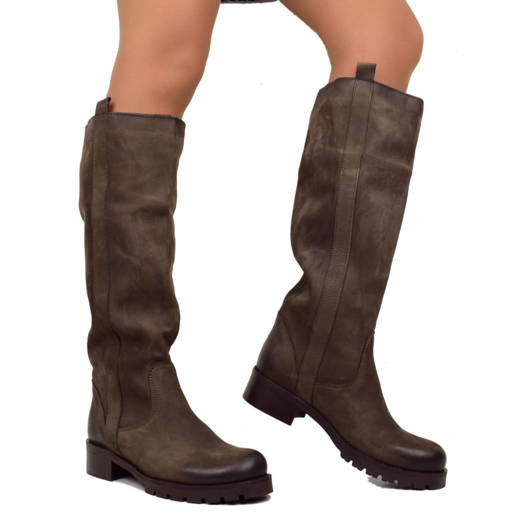 Women's Boots in Brown Nubuck Leather Rubber Sole Made in Italy - 3