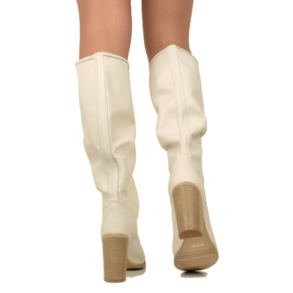 Hohe Damenstiefel aus weißem Leder mit mittlerem Absatz, hergestellt in Italien - 6