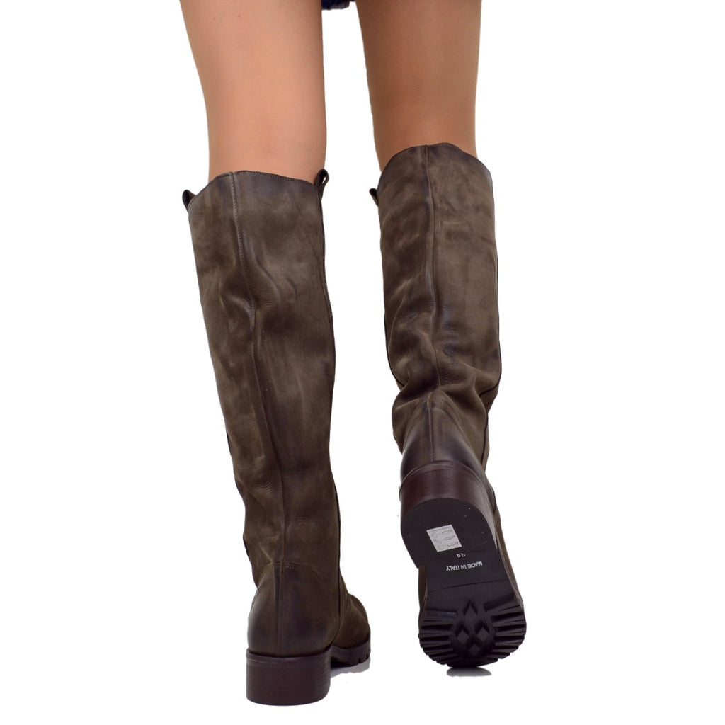 Women's Boots in Brown Nubuck Leather Rubber Sole Made in Italy - 4