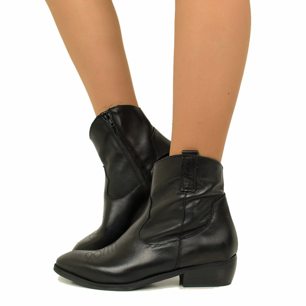 Women's Black Leather Texan Ankle Boots Made in Italy
