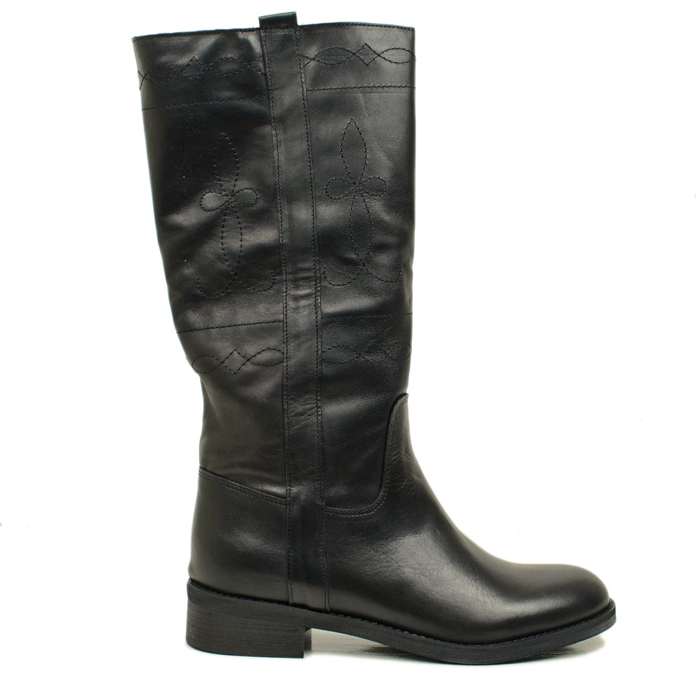 Camperos Women's Boots in Black Leather with Embroideries Made in Italy - 5
