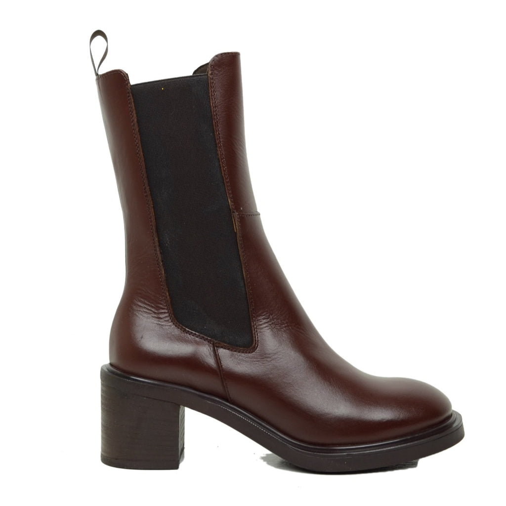 Women's Brown Leather Ankle Boots with Elasticated Inserts - 2