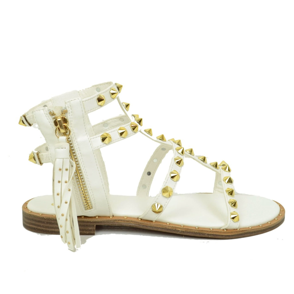 White Studded Faux Leather Sandals Zip and Black Coffee Tassel - 2