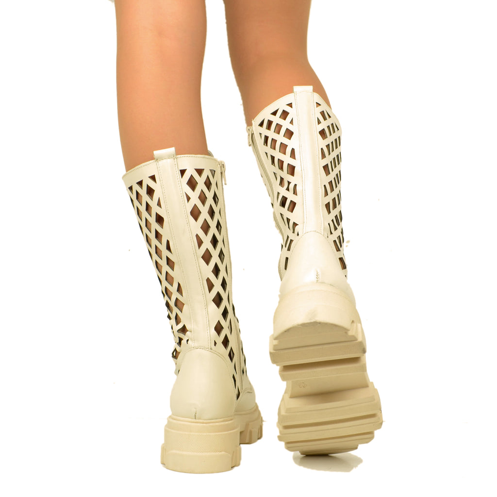 Women's Beige Perforated Amphibian Boots with Zip Made in Italy - 5