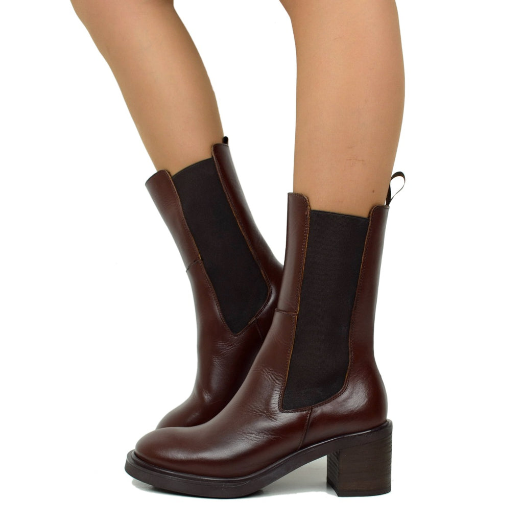 Women's Brown Leather Ankle Boots with Elasticated Inserts