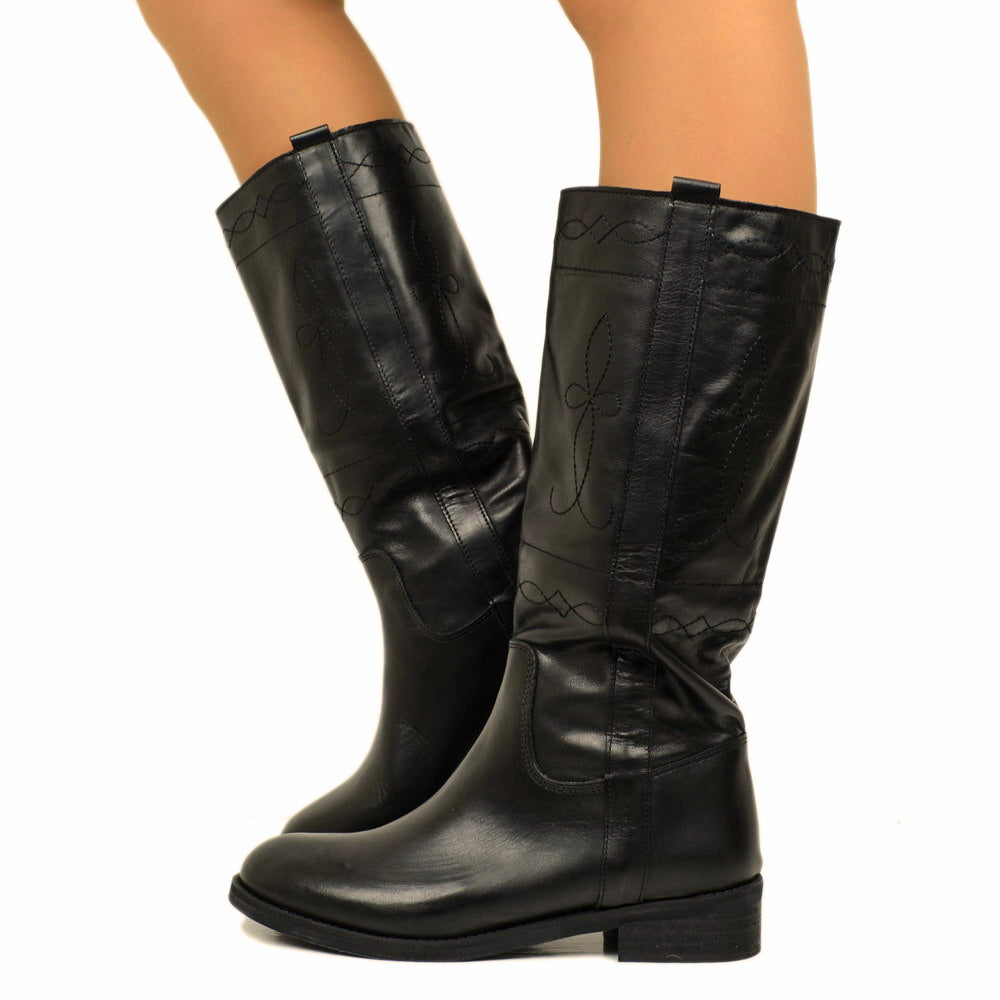 Camperos Women's Boots in Black Leather with Embroideries Made in Italy