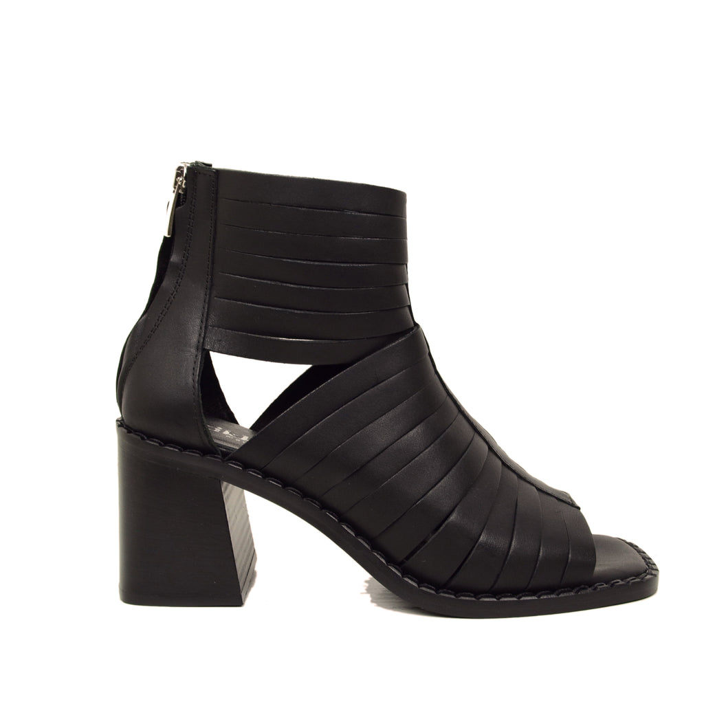 Schwarze Peep-Toe-Sandalen für Damen mit Lederbändern, hergestellt in Italien - 2
