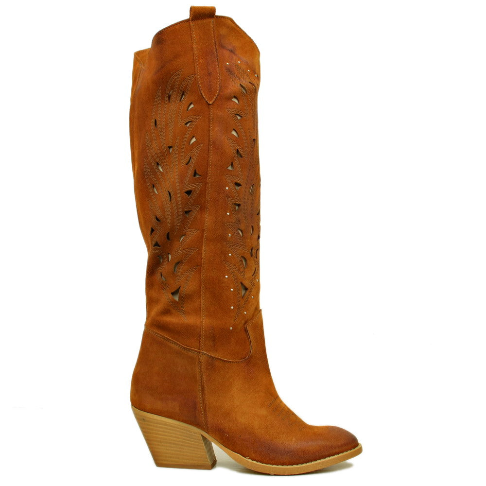 Women's Texan Boots Lasered in Leather Suede with Medium Heel - 2