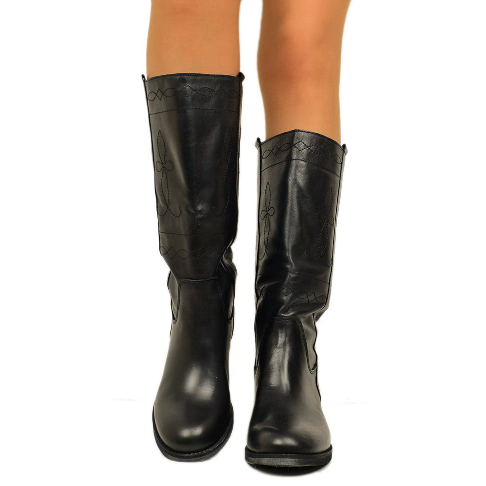 Camperos Women's Boots in Black Leather with Embroideries Made in Italy - 3