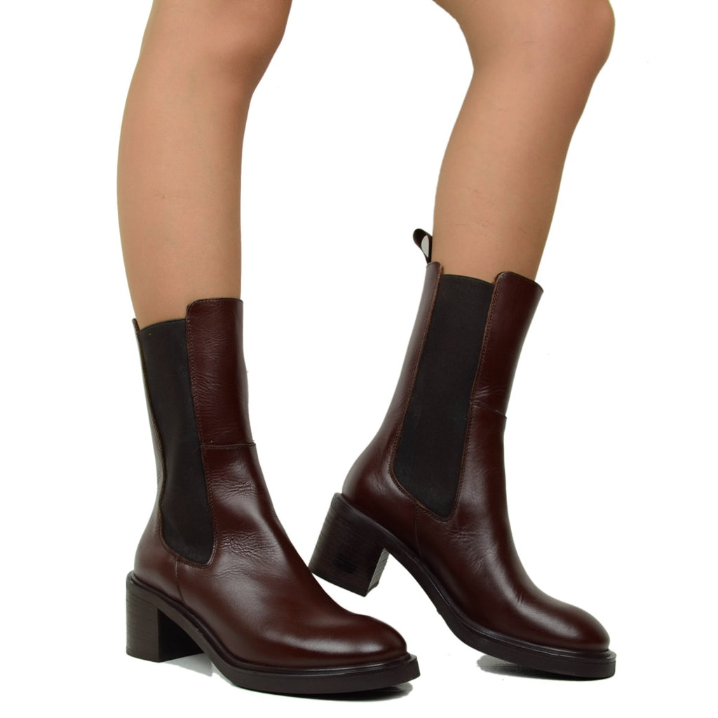 Women's Brown Leather Ankle Boots with Elasticated Inserts - 4
