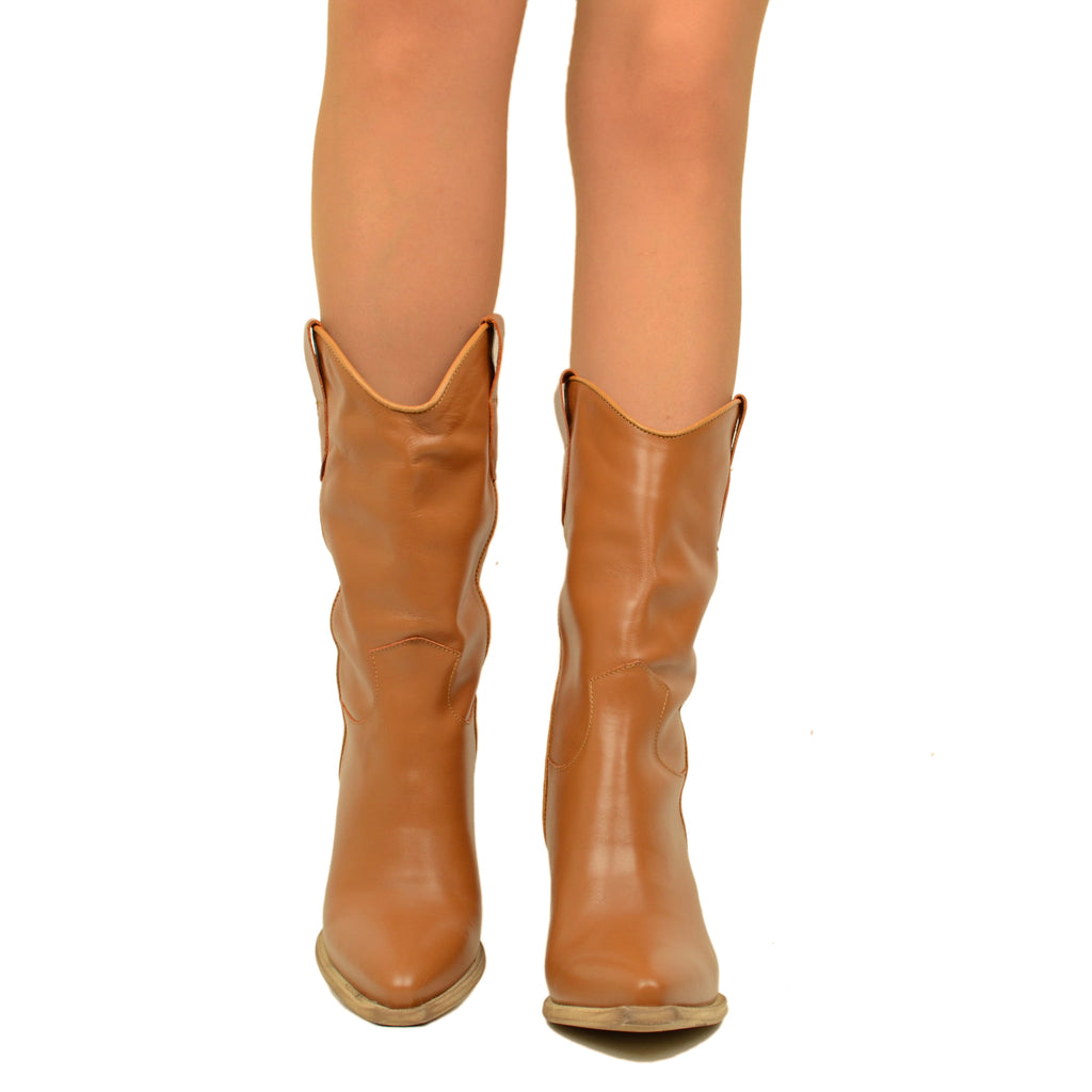 Texan Boots in Tan Leather with High Heel Made in Italy - 3