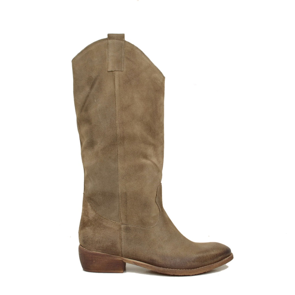 Taupe Suede Women's Cowboy Boots with Low Heel - 2