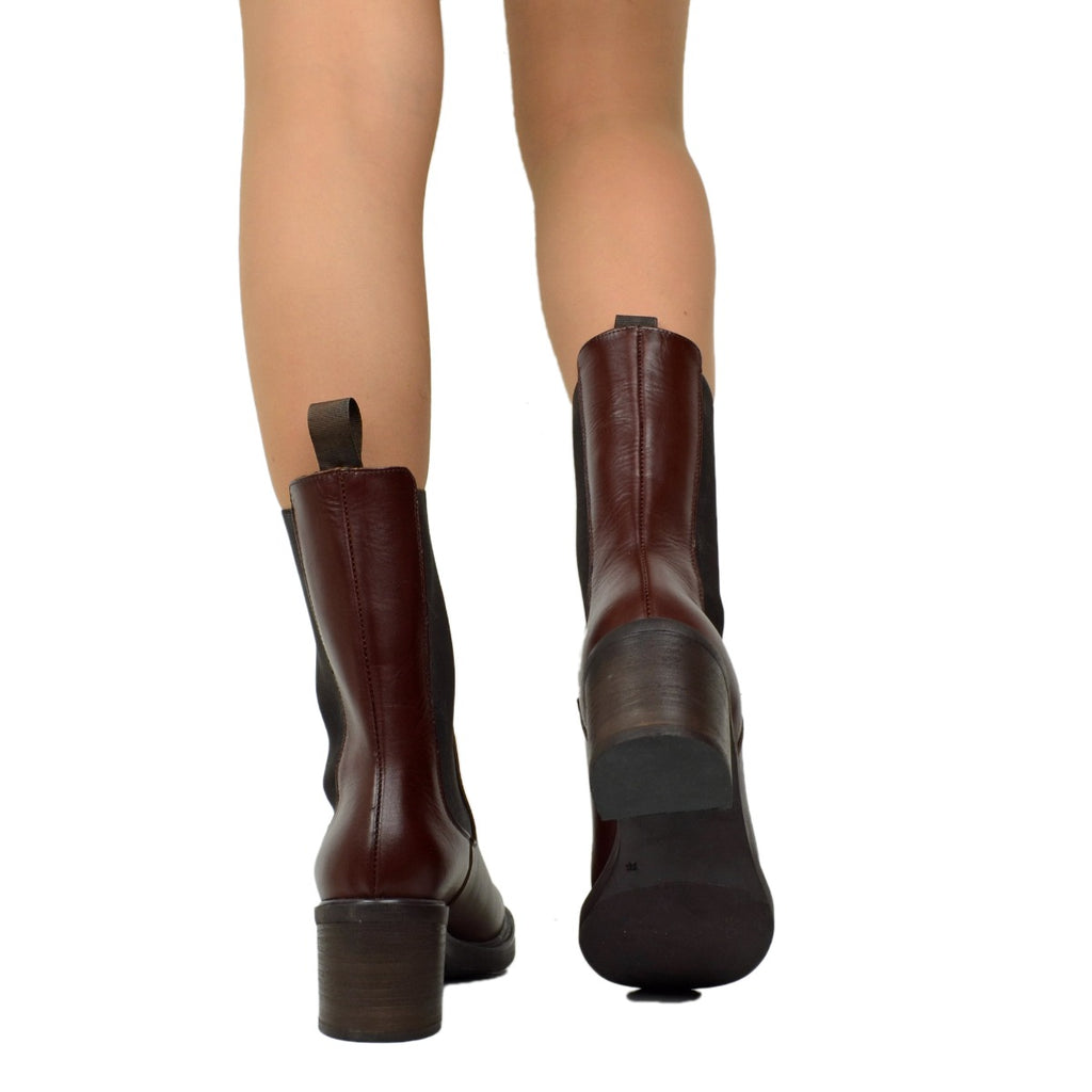 Damen-Stiefeletten aus braunem Leder mit elastischen Einsätzen - 5