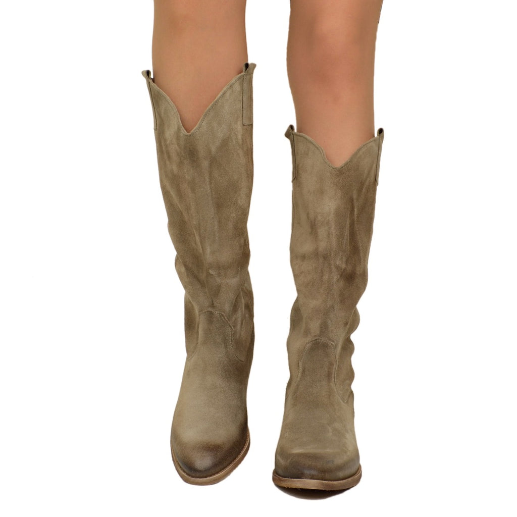 Taupe Suede Women's Cowboy Boots with Low Heel - 3