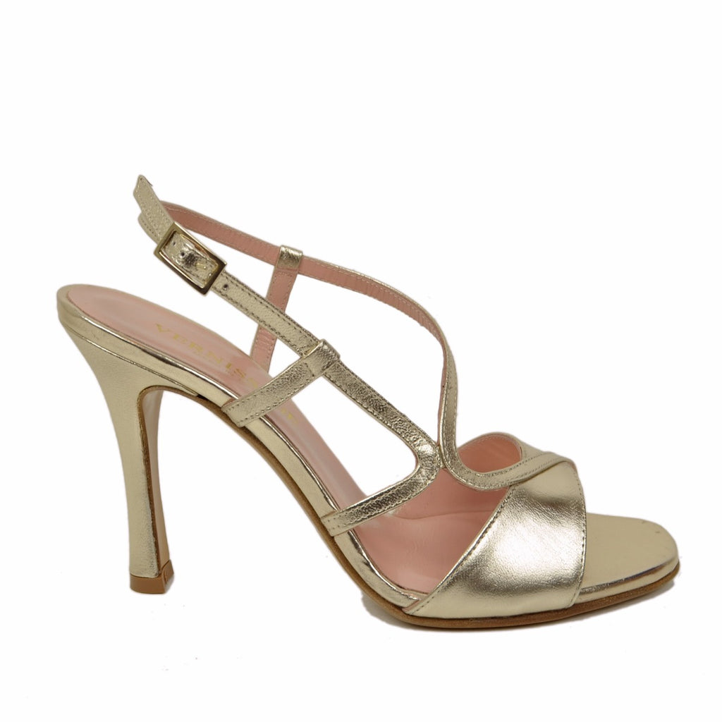 Damen-Sandalen in Platin mit Riemen und Ledersohle, hergestellt in Italien - 2